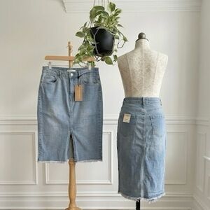 Wilfred Light Blue Denim Midi Pencil Skirt with Frayed Hem